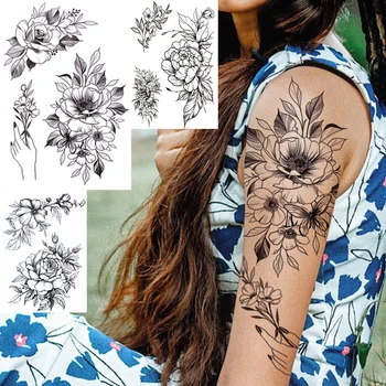 Lily Peônia Rosa Tatuagens Temporárias Para As Mulheres, Meninas Preto Flor Etiqueta Da Tatuagem Falsa Lado Do Corpo Braço Buquê Realista Tatuagem Floral