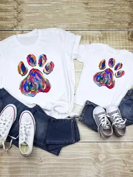 Aquarela Pata de Cão Gato Roupas Tee Família combinar Roupas de Verão as Mulheres Criança Criança Mamãe Mamãe Mãe Camiseta T-shirt de Roupas