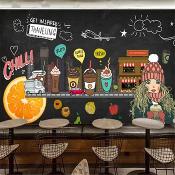 Europeus e Americanos Desenhado a Mão Blackboard Papéis de parede Decoração Industrial de Frutas Café plano de Fundo do Papel de Parede Mural