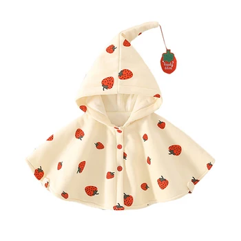 O bebê Meninas Vestido Lindo de Veludo com Capuz Estilo de Morango Padrão de Impressão do Fecho de Botão de Cabo Manto vestido para bebê outono fantasias