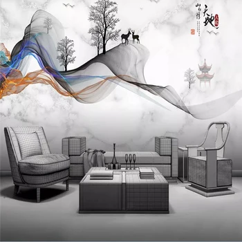 Decorativos, papel de parede Novo Chinês abstratos linhas brancas concepção artística da paisagem na parede do fundo