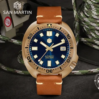 San Martin de Luxo Retrô CuSn8 Bronze Relógio de mergulho 44mm Abalone Safira 20Bar Impermeável NH35A relógio de Pulso Mecânico Automático