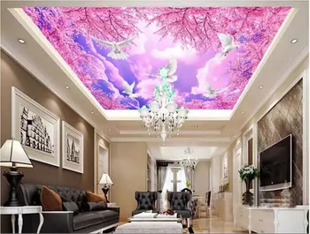 Personalizado com foto 3d teto murais papel de parede Romântico flor de cerejeira céu azul e nuvens brancas 3d murais de parede papel de parede para parede 3d