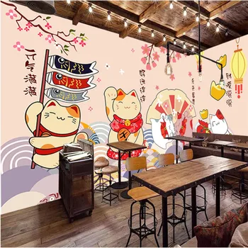 Pintados à mão Cortada Gatos da Sorte Industrial de Decoração de Papel de Parede 3D Restaurante de Cozinha Japonesa Sushi Armazenamento de Fundo Mural, papel de Parede 3D