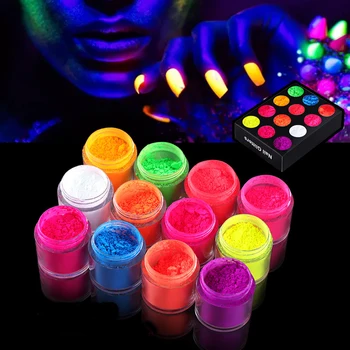 12 Cores Fluorescentes Prego em Pó Neon Fósforo Pigmento em Pó Conjunto Coloridas de Nail Art com Glitter Pigmento 3D Poeira Prego Decorações
