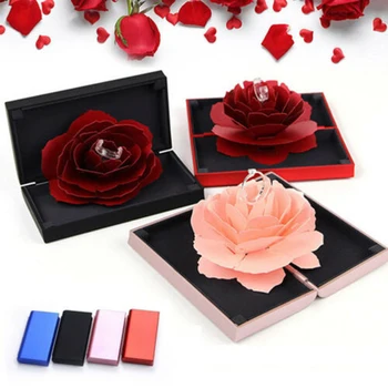 2021 3D Pop-Up Rosa da Caixa do Anel de Casamento Noivado Jóias de Armazenamento Retangular Proposta de Giro Rosa Flor da Caixa do Anel