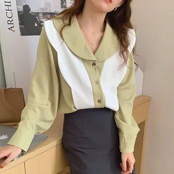 OL coreano Moda Colorblock virada para Baixo de Gola de Camisa de Mulher Patchwork Plissado Solta Manga Longa Office Camisas de Mulheres Dropshipping