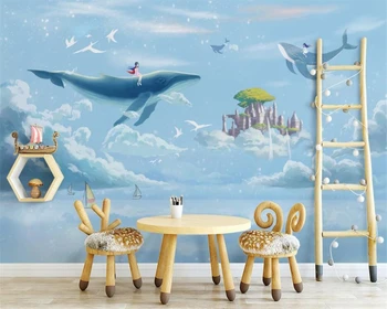 beibehang Personalizados em 3d papel de parede pintados a Mão em aquarela criativo céu baleia sala de crianças de decoração de parede 3d papel de parede