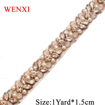 WENXI 5Yards de Noiva Feitos a Mão Frisada de Costura Prata Cristal de rocha Applique Guarnição Para Vestidos de Casamento de DIY de Ferro No WX927