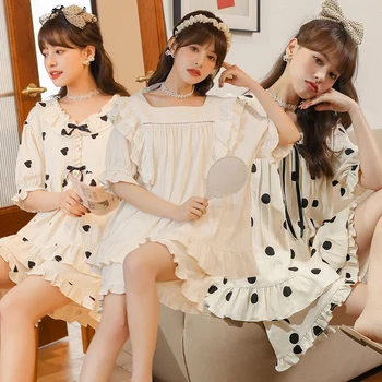 2022 Nova Verão de Manga Curta de Algodão Pijama Conjuntos para as Mulheres coreano Bonito Laço Shorts roupa de dormir de Pijama Homewear Pijamas Mujer Roupas
