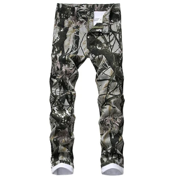 Novos Homens da moda masculina casual camuflagem impresso jeans Moda slim fit padrão de folha pintada stretch denim, calças de calças