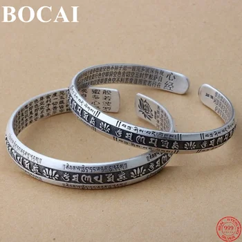 BOCAI S999 Prata Braceles para os Homens as Mulheres de Seis Sílabas do Mantra Sutra do Coração 6/ 8 /10mm Pulseira Puro Argentum Amuleto de Jóias