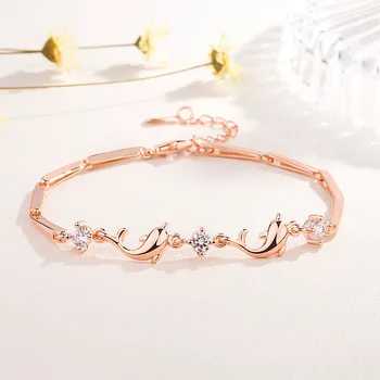Moda Rosa Banhado a Ouro Lindo Golfinho Zircão Bracelete Bonito na Moda Símbolo da Amizade O Melhor Presente de natal para Mulheres de Jóias
