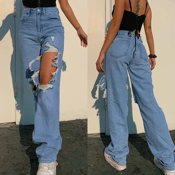 2021New Moda Streetwear Solto Grandes Buracos Reta Casual Jeans Calças Mulheres Blue Jeans