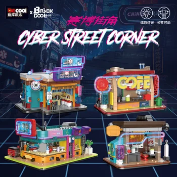 Cidade Cyber Punk Café, Loja de Esquina Blocos de Construção Industrial Estilo street view Com LED Motocicleta Tijolos de Brinquedos Para o Menino Presentes