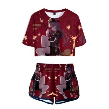 3D Genshin Impacto HuTao Mulheres de Dois Conjuntos de peças Crop Tops, T-shirt+Shorts de Verão Anime Hip Hop Meninas de desenho Impresso Ternos