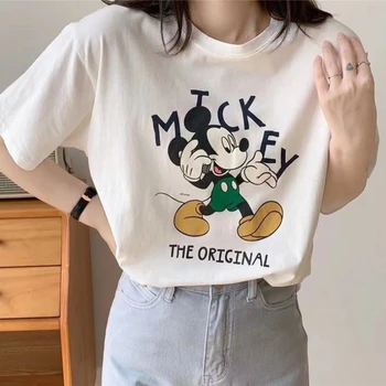Disney Quadrinhos do Mickey Mouse com a Carta das Mulheres T-Shirt de Verão 2022 Novo Branco Amarelo Manga Curta Camiseta de Anime Mulher Streetwear Topo