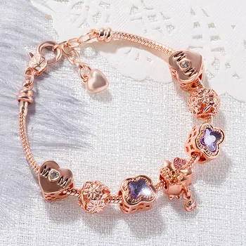 Trevo roxo bracelete frisado feminino oco flor com cristais de zircão de Pandora pulseira 14 de fevereiro, Dia dos Namorados presente