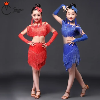 Meninas Dança Roupas Desempenho Fora de Ombro Vestido latina Concorrência Vestidos Crianças Dançam Vestidos para meninas de 6 a 15 Anos