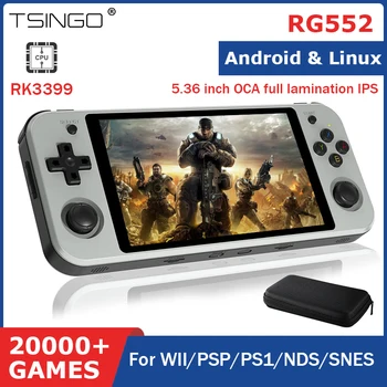 TSINGO Nova Consola de jogos Portátil, RG552 5.36 Polegadas IPS Dual sistemas Android Sistema Linux 20000+ Jogos RK3399 CPU Para PSP/PS1/N64