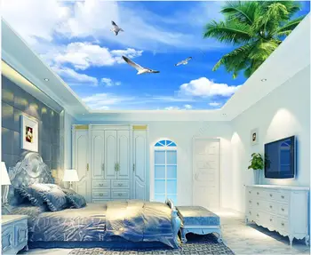 Foto 3d papel de parede personalizado mural de teto coqueiro céu azul e nuvens brancas de decoração de sala de estar papel de Parede para parede na rola
