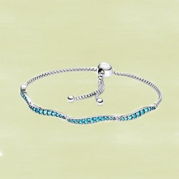 2021 Verão Novo S925 Prata de Moda Azul Ondulado controle Deslizante o bracelete, Bracelete de Alta qualidade Jóias Românticos Presentes de Aniversário Para Senhoras