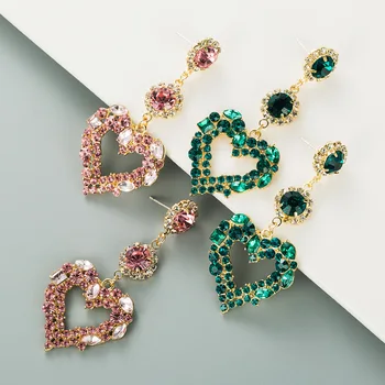 Clássico Longa coreano Brincos de Cristal do Coração Oco Bling Strass Verde Brincos para Mulheres de Jóias de Moda Festa Presente
