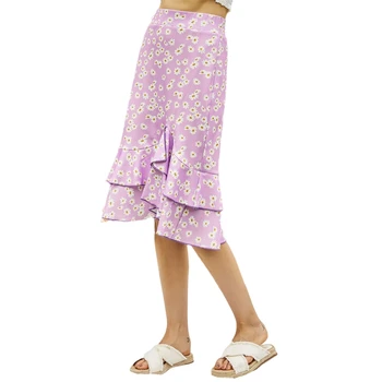 Mulheres De Cintura Alta Boho Daisy Estampa Floral Midi Saia Longa Em Camadas De Babados Irregulares Bainha Assimétrica De Uma Linha De Beachwear Joelho