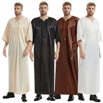 Cetim Bordado Islâmica Homens Jubba Thobe Muçulmano Tradicional Kaftan Turco Vestido Arábia Abaya Dubai Manto Árabe Roupas Eid Ramadã