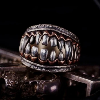 [diabo dentes] grande anel diabo anel feroz prata 925 Europeu e Americano exagerada dominante retro anel de homem