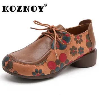 Koznoy 3cm Étnica Natural Genuína Mocassins de Couro Outono Primavera Mulheres Flats Artesanal do Dedo do pé Redondo de Impressão Macio, com Sola de Sapatos Retrô