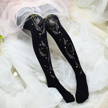 Lolita Lolita duas faces hot stamping prata penas flor estendido meia-calça princesa meias-calça