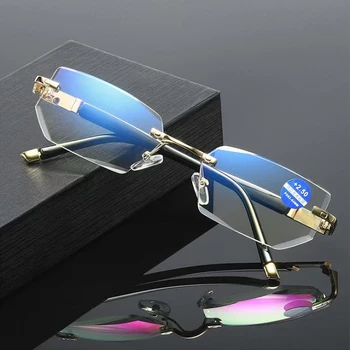 Novo sem aro, Corte de Diamante Óculos de Leitura Homens Mulheres da Moda Anti-luz azul Anti-fadiga Computador Óculos de Dioptria +1.0 4
