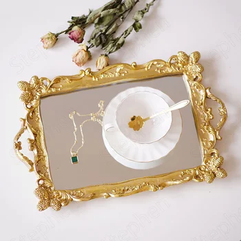 Dourada, Flor De Romã Espelho Bandejas Decorativas Europeias Vintage Retângulo Resina Jóias Cosméticos Bandeja De Armazenamento De Home Bolo Ficar