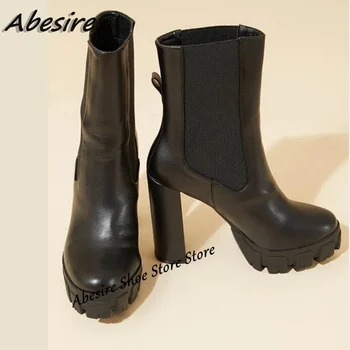 Abesire Preto Splicing Plataforma Ankle Boots Sólido Mulheres Botas de Deslizamento sobre o Chunky Salto Alto da Moda Outono Inverno de Calçados em Tamanho Grande