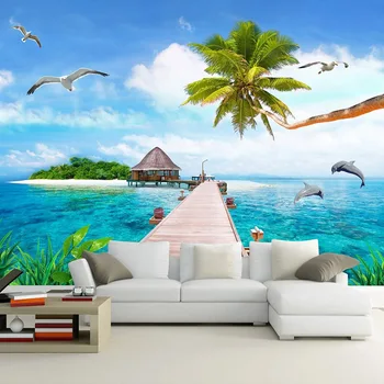 Personalizadas de Fotos em 3D de Parede papel de Parede Gaivota coqueiro Seascape Sala de estar, Quarto, Decoração de Parede Impermeável Tela de Pintura