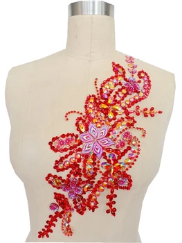 ZBROH Artesanal cristal Vermelho patches costurar apliques de Strass com pedras de paetês com miçangas 40*14 cm para a parte superior do vestido