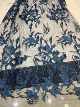 estoque 5yards/saco azul Escuro bordado padrão moiré de moda delicado tecido para o vestido de casamento de design LMC15#