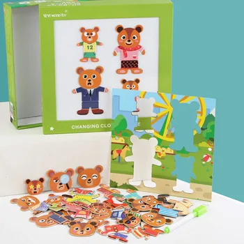 Desenho Animado Do Urso Vestido De Mudança De Quebra-Cabeça De Madeira De Brinquedo Montessori De Ensino Trocar De Roupa, Brinquedos Para Crianças Presente