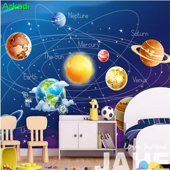 Personalizado Mural papel de Parede do Berçário Azul Cósmico Estrelas, Quarto Criança na Parede do Fundo dos desenhos animados do Sistema Solar Planeta Terra-Lua a Casa da Pintura