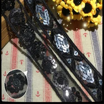 Solúvel em água laço bordado lace 3,5 cm de poliéster de cor preta de paetês bordados rendas de código de barras