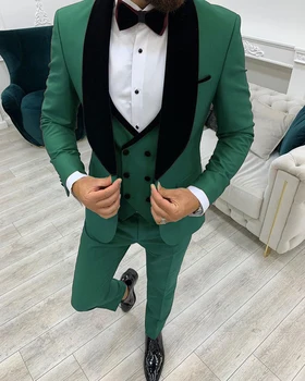 2021 Moda Verde, Homens De Negócios Do Terno 3 Peças Masculino Vestido Personalizado Noivo Casamento Terno Smoking De Veludo Preto Na Lapela Do Blazer Colete Calças