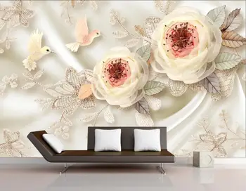 Papel de parede personalizado de seda da flor ave do laço 3d estéreo PLANO de fundo de parede de flor de tecido sala de estar, quarto de fundo, papel de parede 3d