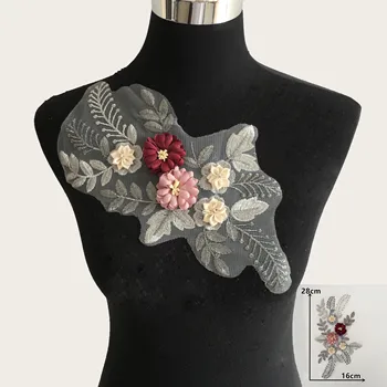 Novo chegar 3D de Bordado de flores Applique de Costura Rendas na Gola DIY de Strass, Laço de Tecido Decote Acessórios de Vestuário YL1865