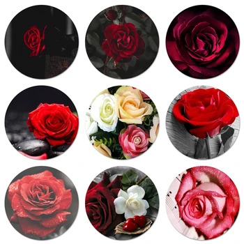 58mm Belo Jardim de Rosas Vermelhas Flores Ícones Pinos de Crachá de Decoração Broches Emblemas de Metal Para Mochila Decoração