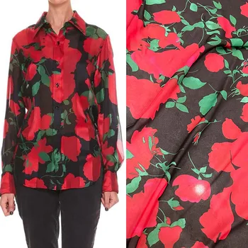 Europeus E Americanos Rosa Vermelha Flor Impresso Fino Tecido Chiffon Para as Mulheres, Vestido de Blusa e Calça Artesanal DIY Clth de Costura