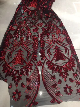 2018 novo 5yards/saco pp004 melhor qualidade de preto de malha vermelho com paetês bordados em tule de malha de renda para corte de vestido de noiva