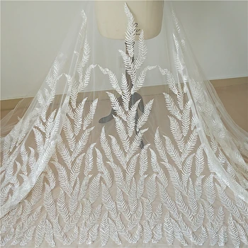 Folha frisado de lantejoulas de luxo bordado tecido do laço do vestido de casamento de véu de vestuário de tecido de DIY