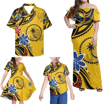 Hycool Família Combinando Roupas Chuuk Design Polinésia Tribal Havaí Impressão De Flor Da Família Conjuntos De Vestuário Vestido De Camisa Conjunto Correspondente