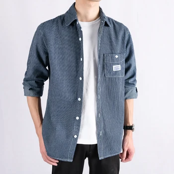 O estilo japonês de mangas compridas faixa puro algodão camisa de homens tendência de jeans, camisas para homens da marca casual superior mens camisa, a camisa masculina